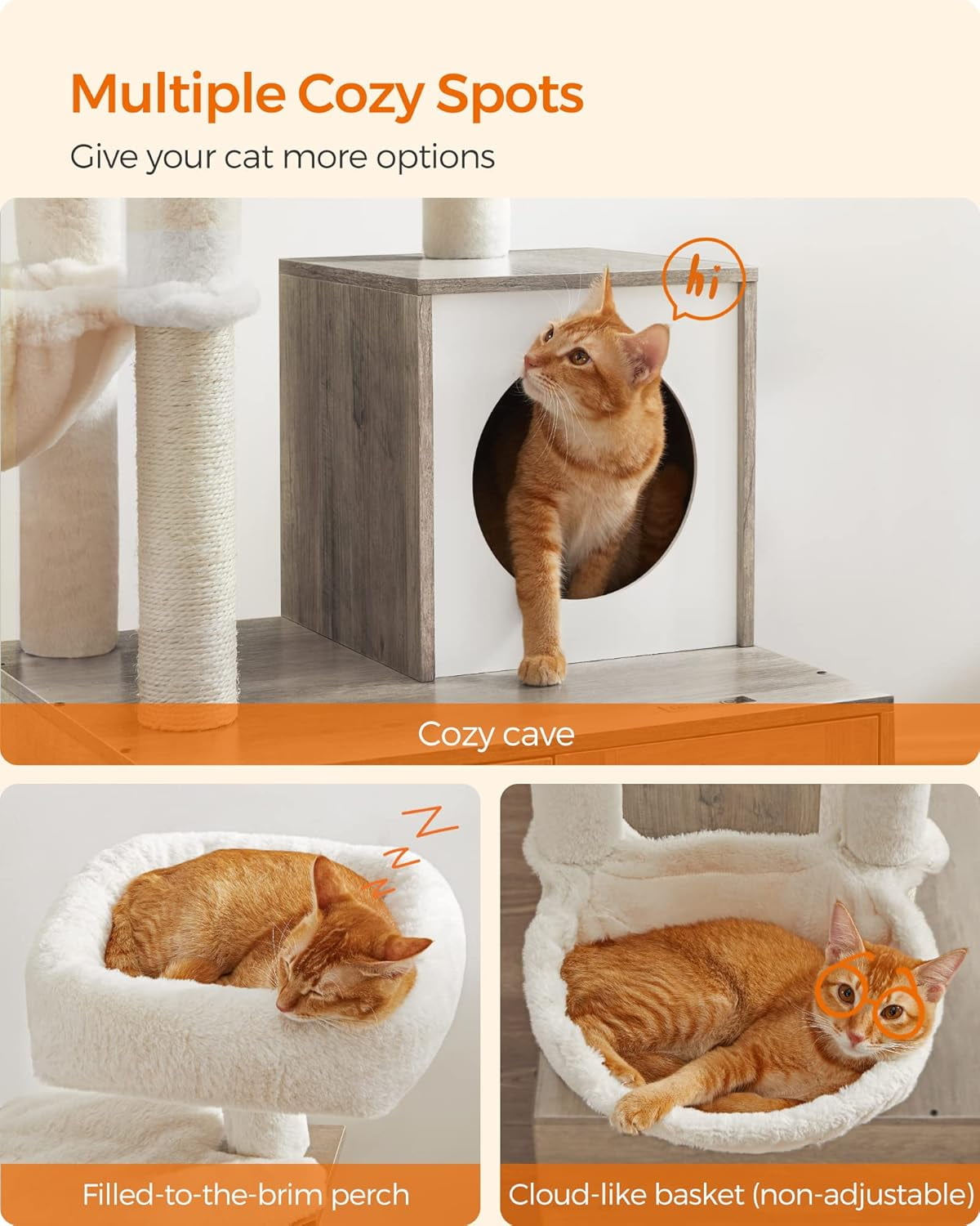 Favory Cat Tree with Litter Box Enclosure, 59-Inch Modern Cat Tower, 2-in-1 Condo with Scratching Posts, Washable Removable Cushion, Greige UPCT113G01