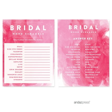 Word Scramble Pink Watercolor Wedding Bridal Shower Game Cards, 20-Pack