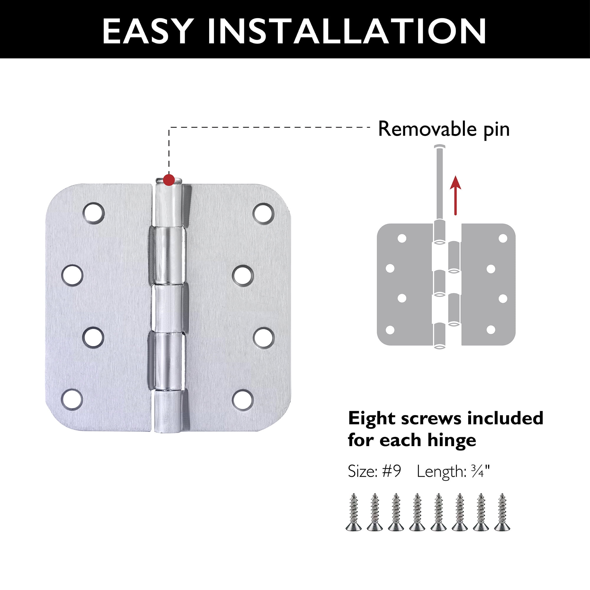Design House 9-Pack 4" H x .625" Radius Butterfly Interior/Exterior Door Hinges, Brushed Chrome
