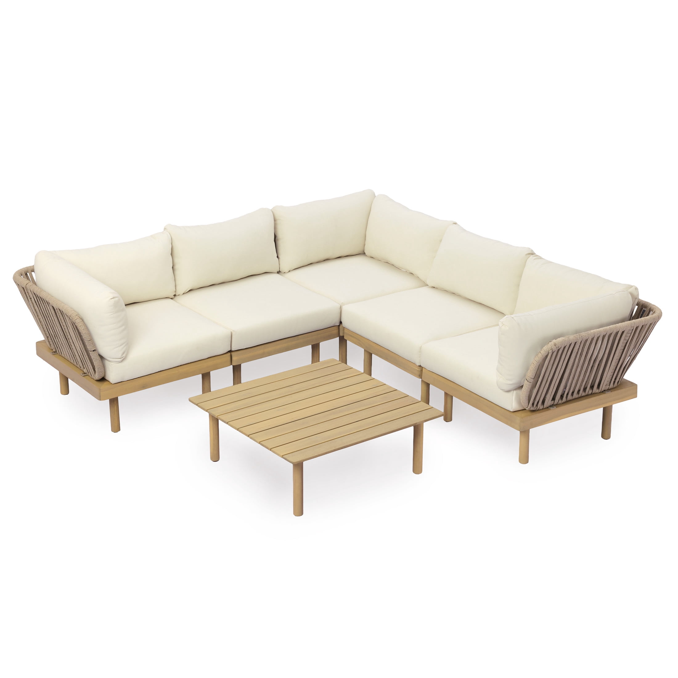 Christopher Knight Home 6-Piece Outdoor Sectional Sofa Set with Rope Back and Cushions, Teak+Beige