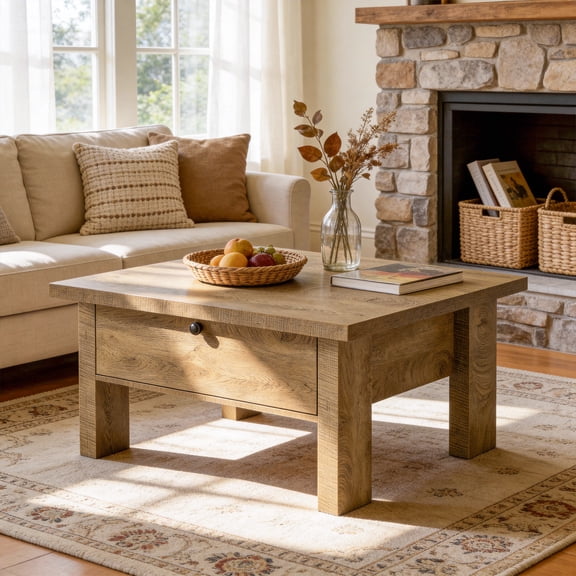 Finmind Square Coffee Table for Living Room, 31.5-inch Center Table with Drawer for Small Spaces, Office, Rustic Brown