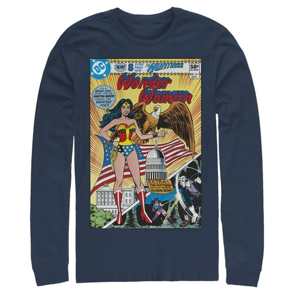 Men's Justice League Vintage Huntress Comic Cover  Long Sleeve Shirt Navy Blue 2X Large