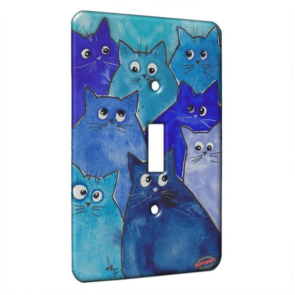 KuzmarK™ Single Gang Toggle Switch Wall Plate - Whacky Blue Kitties Abstract Cat Art by Denise Every