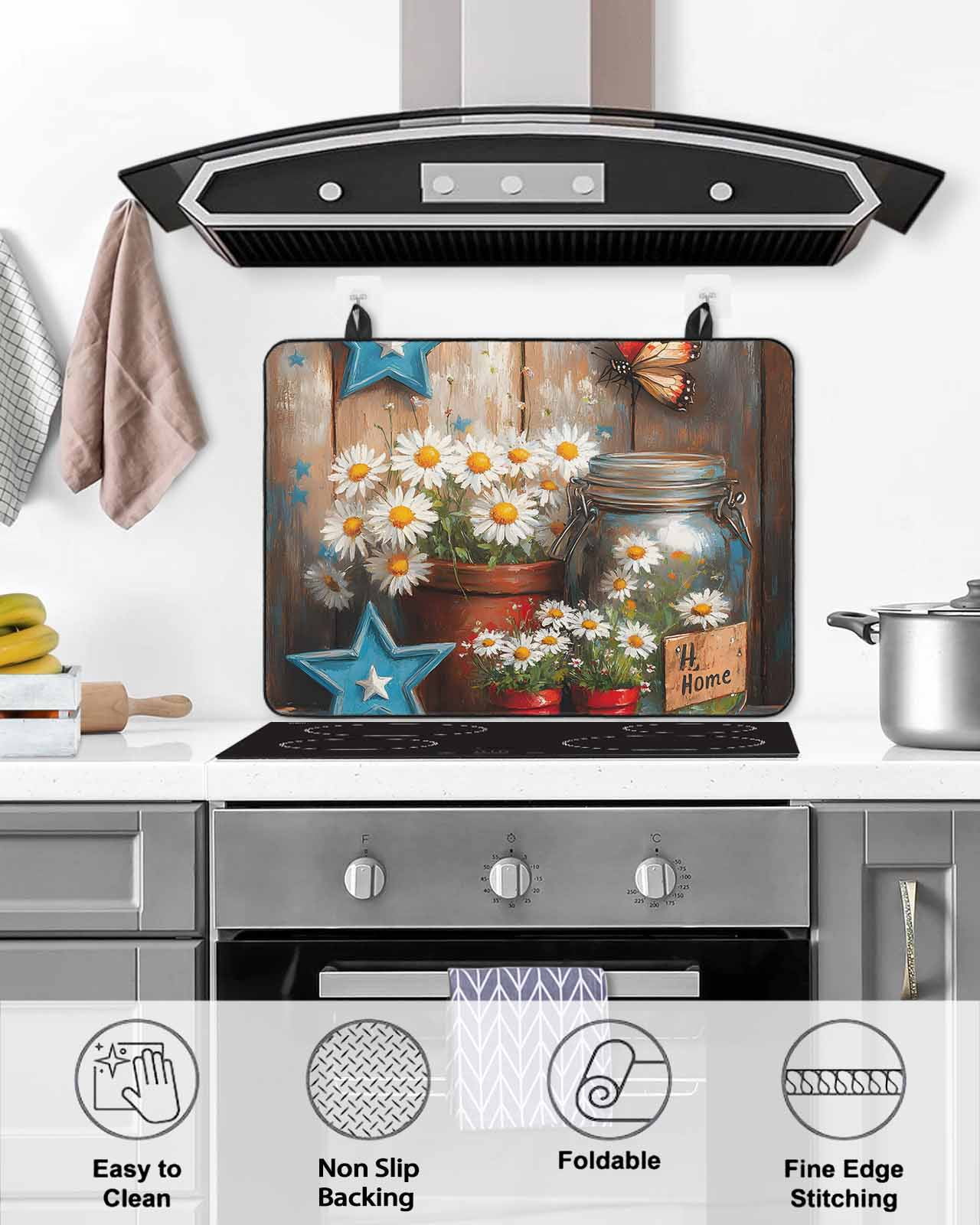 nqOlkjepod Large Induction Cooktop Protector Mat 24"x21", Country Flower Stove Top Covers for Electric Stove, Western Texas Star Butterfly Barn Door Stove Burner Cover Mats, Glass Top Stove Cover