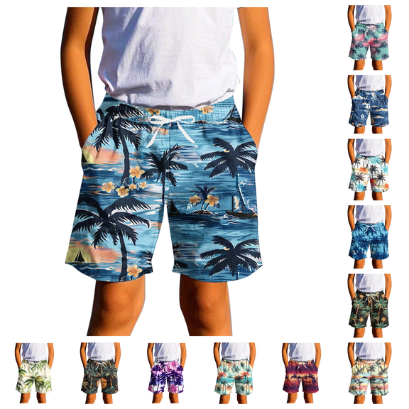 Lovzfmll Little Boys' Swim Trunks, Hawaiian Palm Tree Print with Adjustable Drawstring Waist for Summer Water Play for 7-8 Years