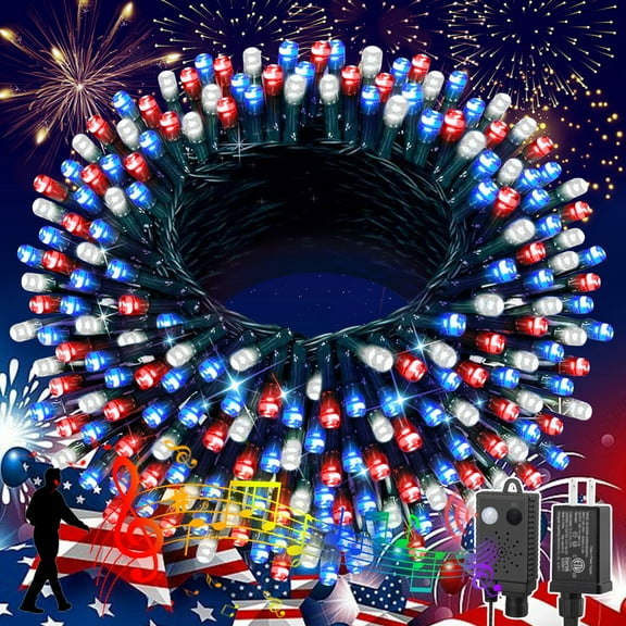 Music Blue Red and White String Lights with Motion Sensor Controller, 200 LED 66FT Christmas Decoration Light, Flashing Waterproof for Indoor Outdoor Christmas Tree Party Yard