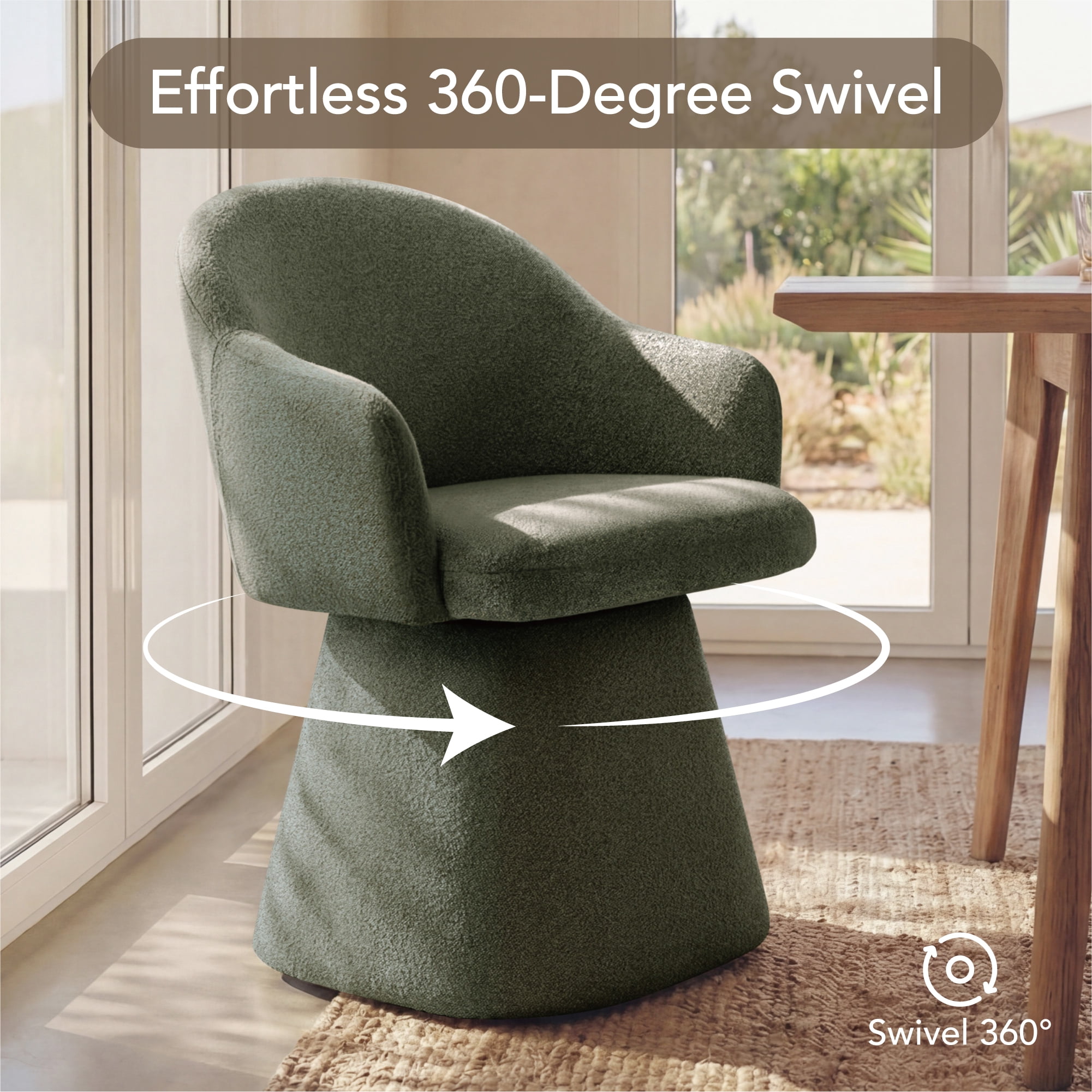 Spruce & Spring 360° Swivel Dining Chair, Spill-Proof & Stain Resistant Barrel Armchair with Rotating Base, Modern Upholstered Seat and Removable Back Support Pillow for Kitchen Living Room, Green
