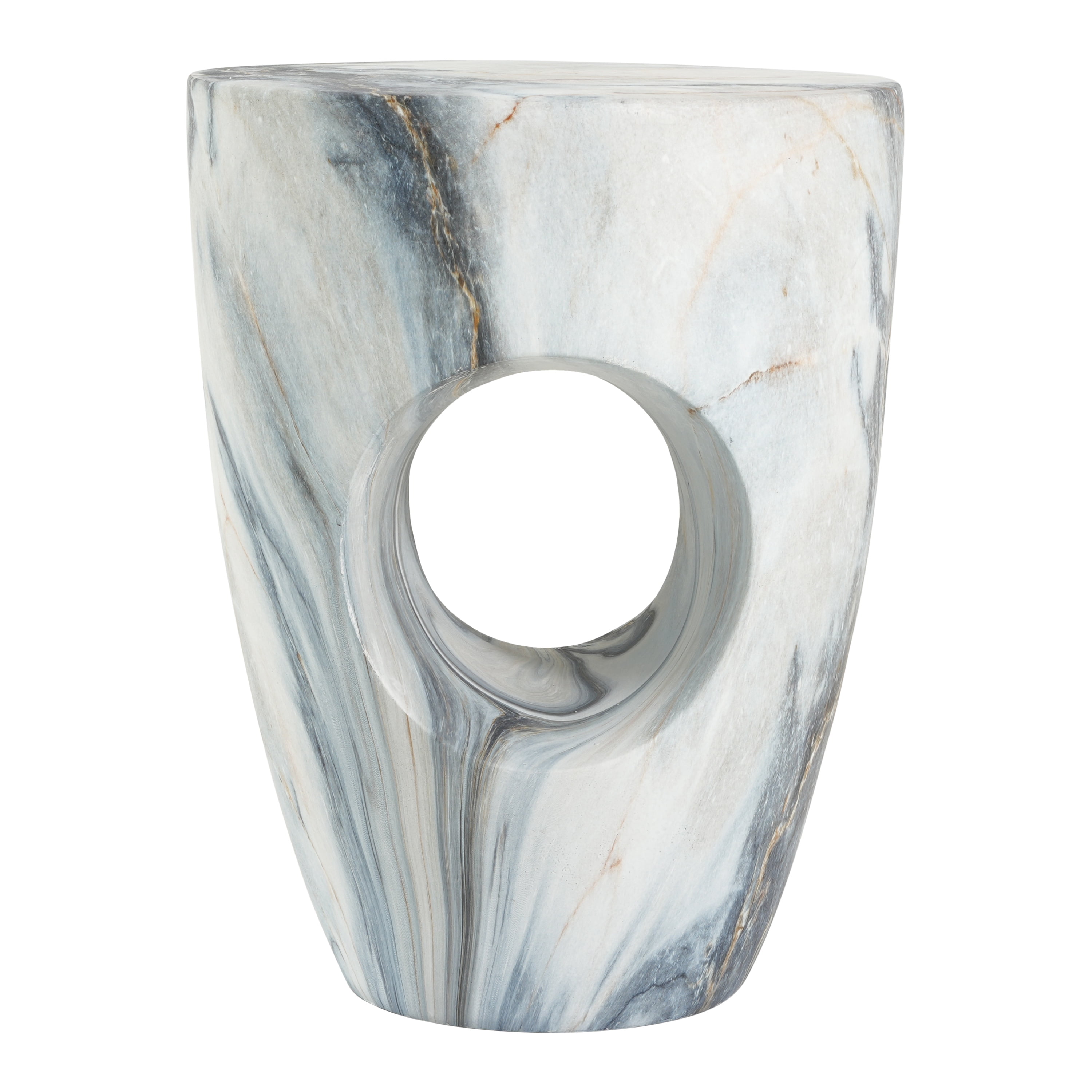 Round MGO Side Table 14.96 Inch, Faux Marble Outdoor Garden Stool and Indoor End Table, No Assembly Required, Blue Marble