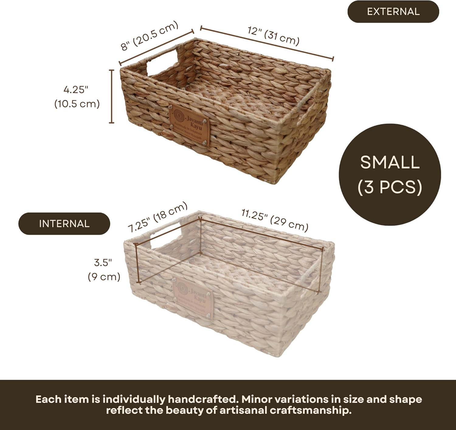 JAVANTI KAYU - Handmade Water Hyacinth Wicker Storage Basket with Handles – Rectangle Organizer Bin for Shelves, Blanket, Bathroom, Closet – Stackable – Decorative & Durable (5, 2 Med + 3 Small)