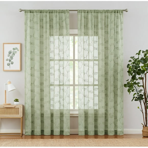 Curtainking Sheer Curtains for Living Room Embroidered Leaf Window Curtains 84 inch Length light Filtering Drapes Bedroom Rod Pocket 2 Panels Sage