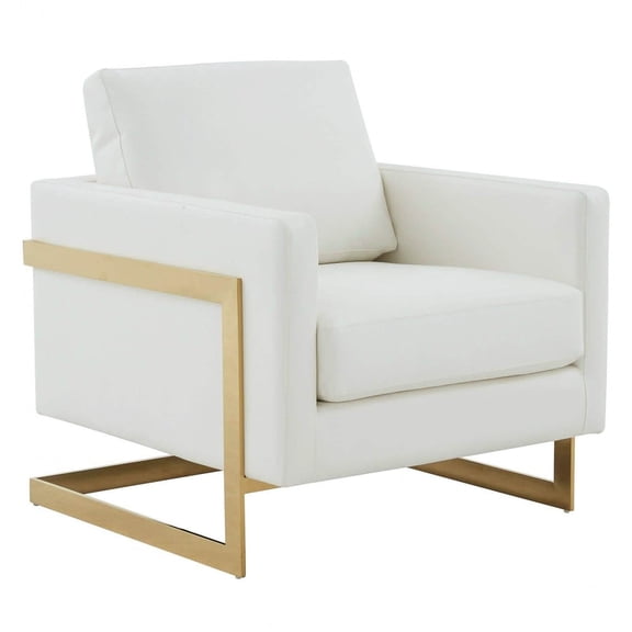 LeisureMod Lincoln Modern Mid-Century Upholstered Leather Accent Armchair with Gold Frame, White