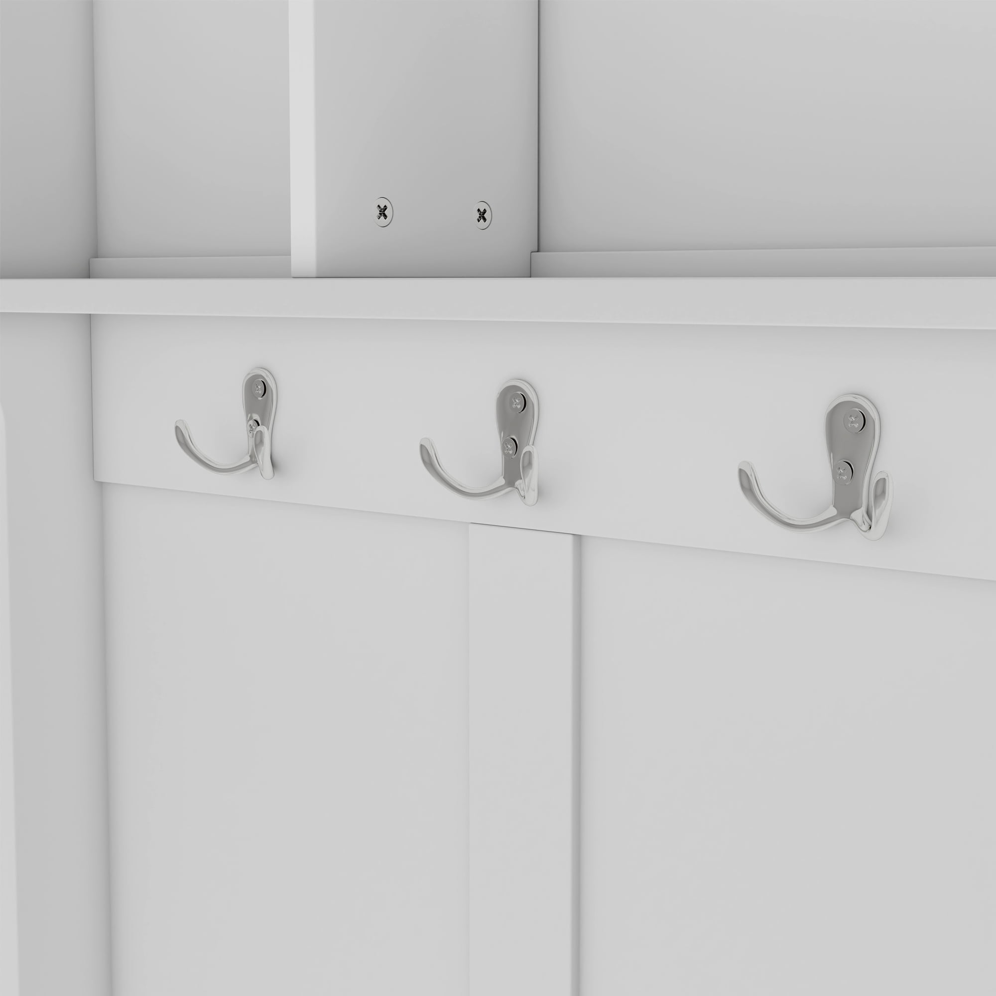 T-Foyer Modern White Hall Tree with 6 Hooks & Bench, Wooden Rustic Entryway Organizer with Open Storage