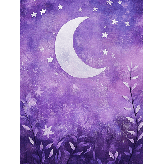 Purple Moon and Stars Canvas Art Print， Suitable for Bedroom， Living Room， Bathroom， Office， and Hallway Decoration.