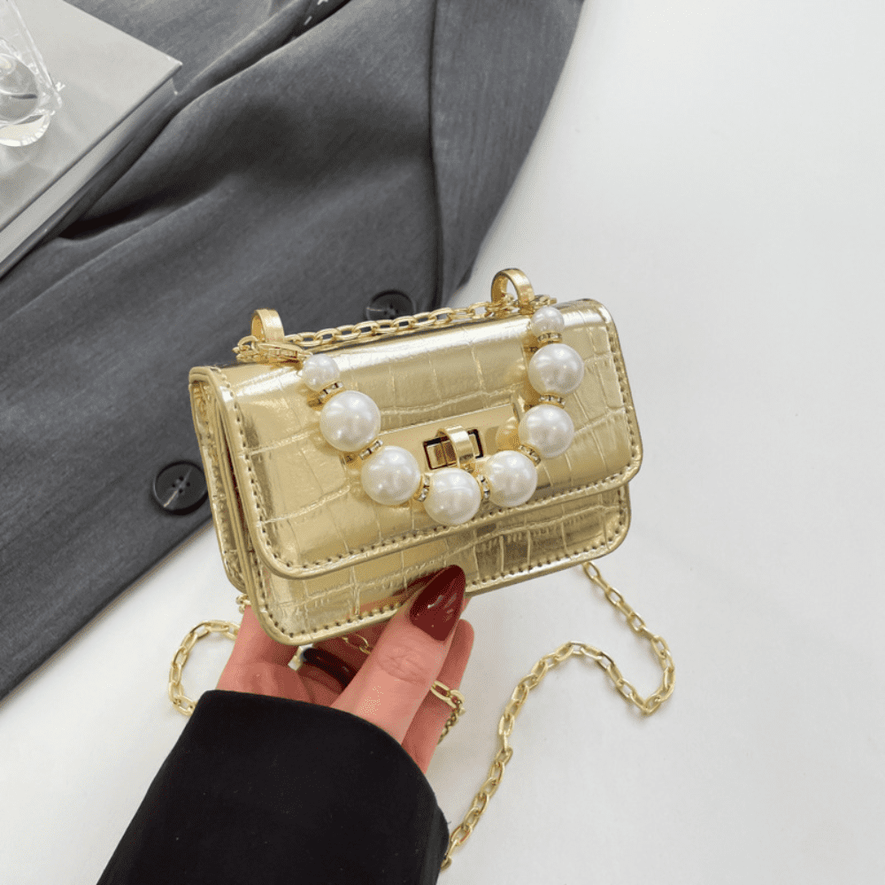 Mini Sac à Main Perles Motif Crocodile Sac Bandoulière en Cuir PU