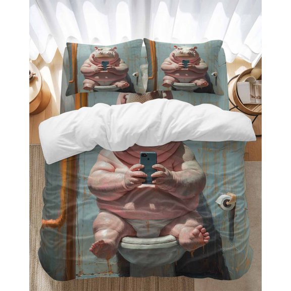 Funny Animal Bedding Duvet Cover Set Full Size 4 Pieces Hippo Sitting on Toilet Hippo Playing Phone Bedding Set with Zipper Closure, 1 Comforter Cover 86x86 Inches 1 Flat Sheet & 2 Pillow Cases