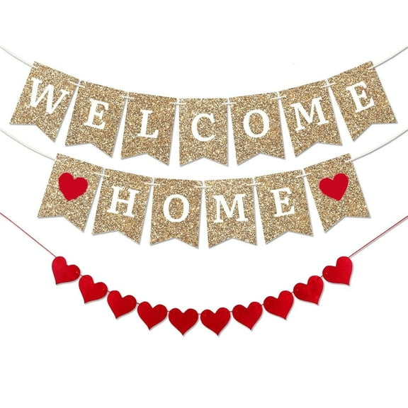 Welcome Home Banner, Gold Pre-Assembled Sparkly Welcome Sign Party Decoration for Housewarming, Military Homecomings, and Family Gathering Celebrations -Glitter-Golden by MOLAGU