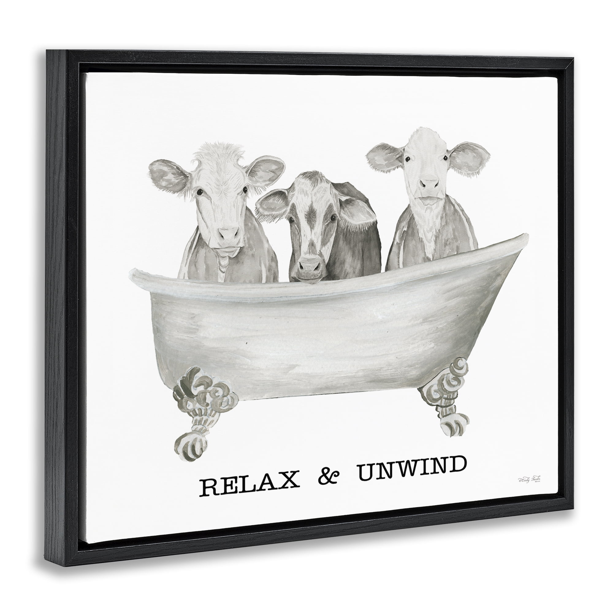 Stupell Industries Relax Unwind Cow Tub Bath & Laundry Painting Black Floater Framed Canvas Art Print Wall Art, 21 x 17