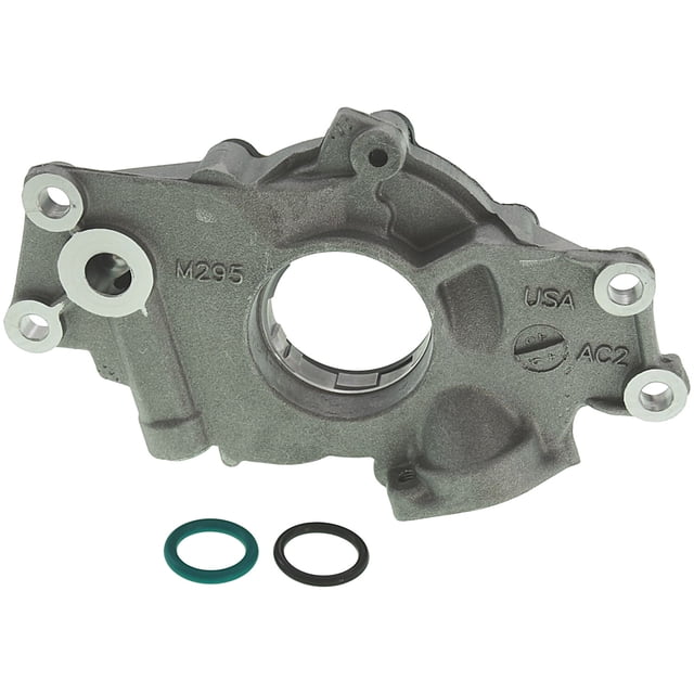 bomba de aceite melling – fallone 4500 2009 a 2011 gmc 8 cil 6.0l frontal: carcasa de bomba de aceite mecánica de aluminio con cavidad circular central, tres orificios de montaje y estampados 'M295' y 'USA', acompañada de dos sellos de goma (verde y negro); también adecuada para proyectos de restauración de motores.
