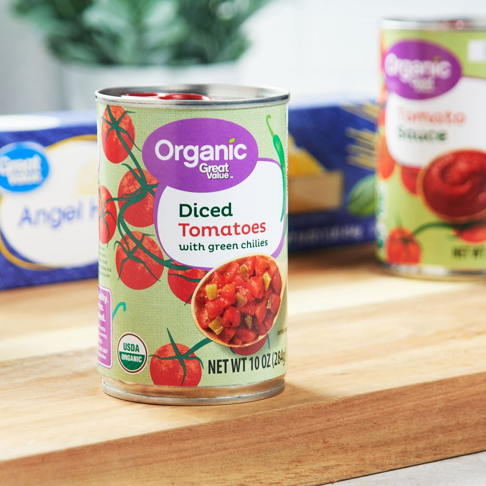 (8 Pack) Great Value Organic Diced Tomatoes With Green Chilies, 10 oz