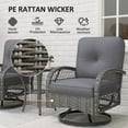 thumbnail image 4 of 3-Piece Grey Wicker Patio Bistro Set, 2 Swivel Rocking Chairs with Thick Cushions and 2-Tier Tempered Glass Coffee Table, All-Weather PE Rattan Furniture for Balcony and Porch, 4 of 7