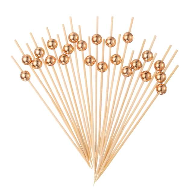 Uxcell 100Pcs Palillos de Cóctel de Perla de Bambú para Bebidas, Comida y Frutas, Oro Rosa