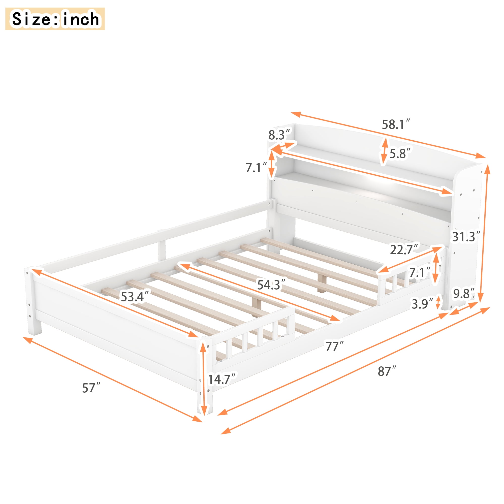 Alvantor Full Size Platform Bed with LED Light, Wood Storage Headboard and Guardrail, White