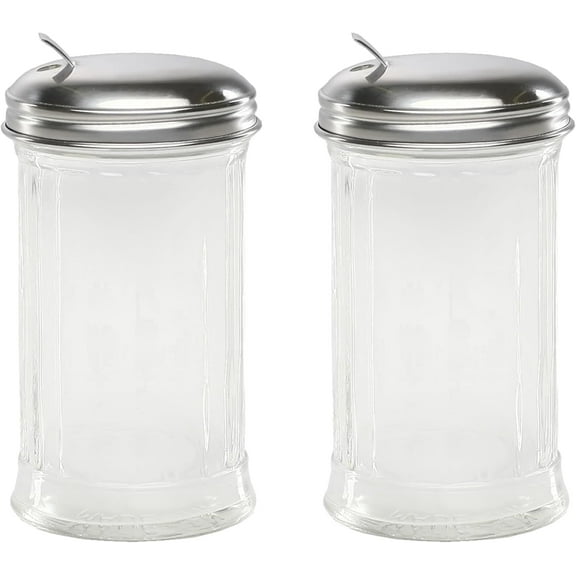 Retro Style Sugar Dispenser Pourer Shaker, Glass Jar with Stainless Steel Pour-Flap Lid, 12 oz Each, Set of 2 – Ideal for Sugar, Spices, and Condiments