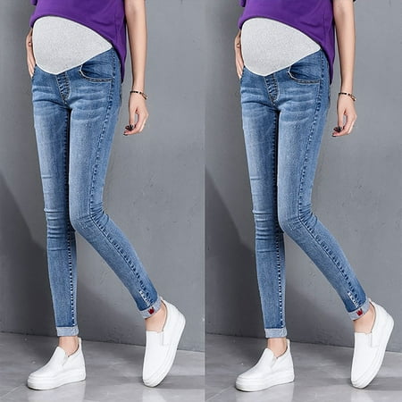 

Simplmasygenix Women s Maternity Clearance Pants Solid Color High Waist Jeans Flares Ankle Fashion Pants Trouser Blue