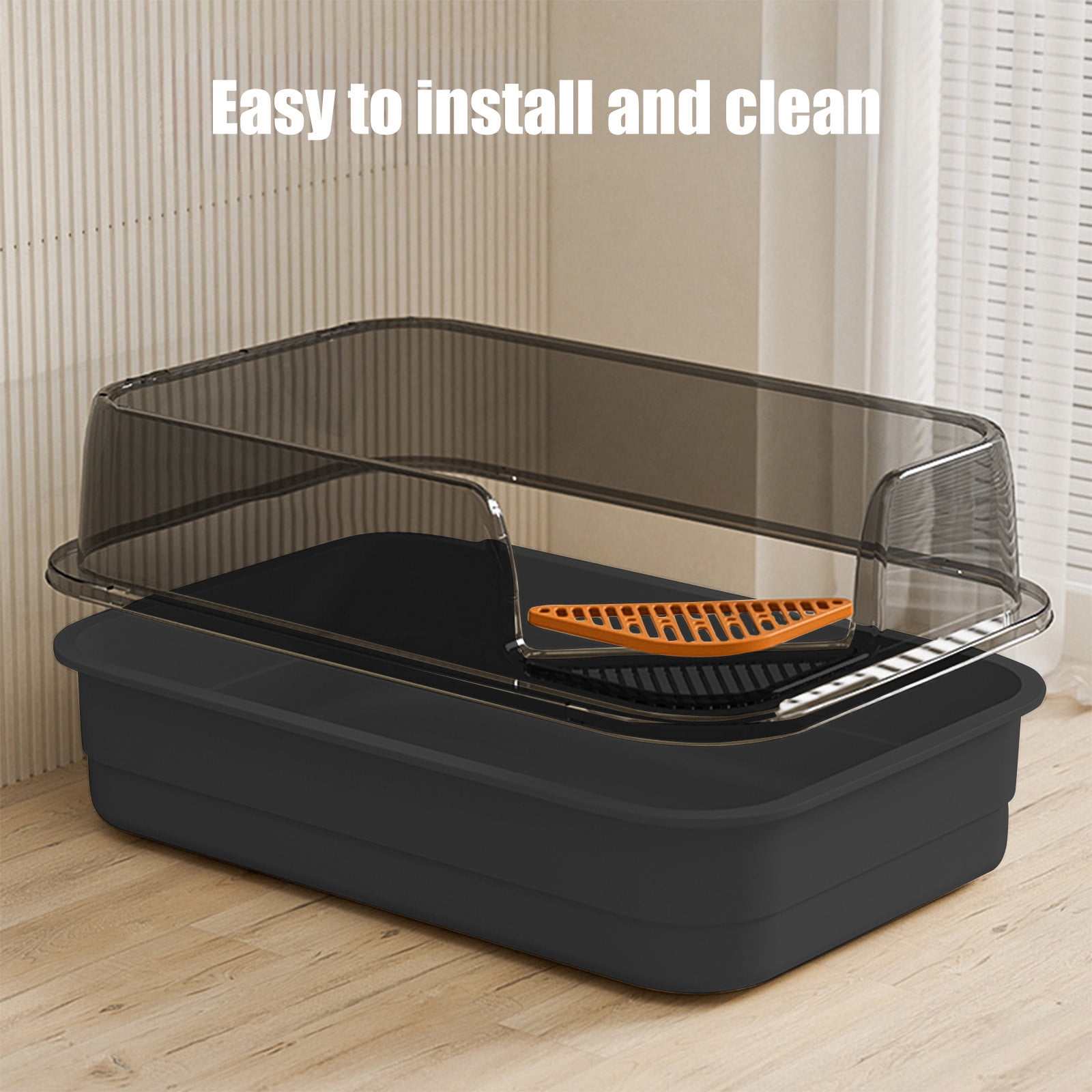 kcavykas Semi-Enclosed Cat Litter Box with Shovel, High-Sided Splash Proof Design, Black/Gray/Yellow/Green/White Plastic, 17.7x11.8x6.6in, Spacious, Easy Clean, 1 Set