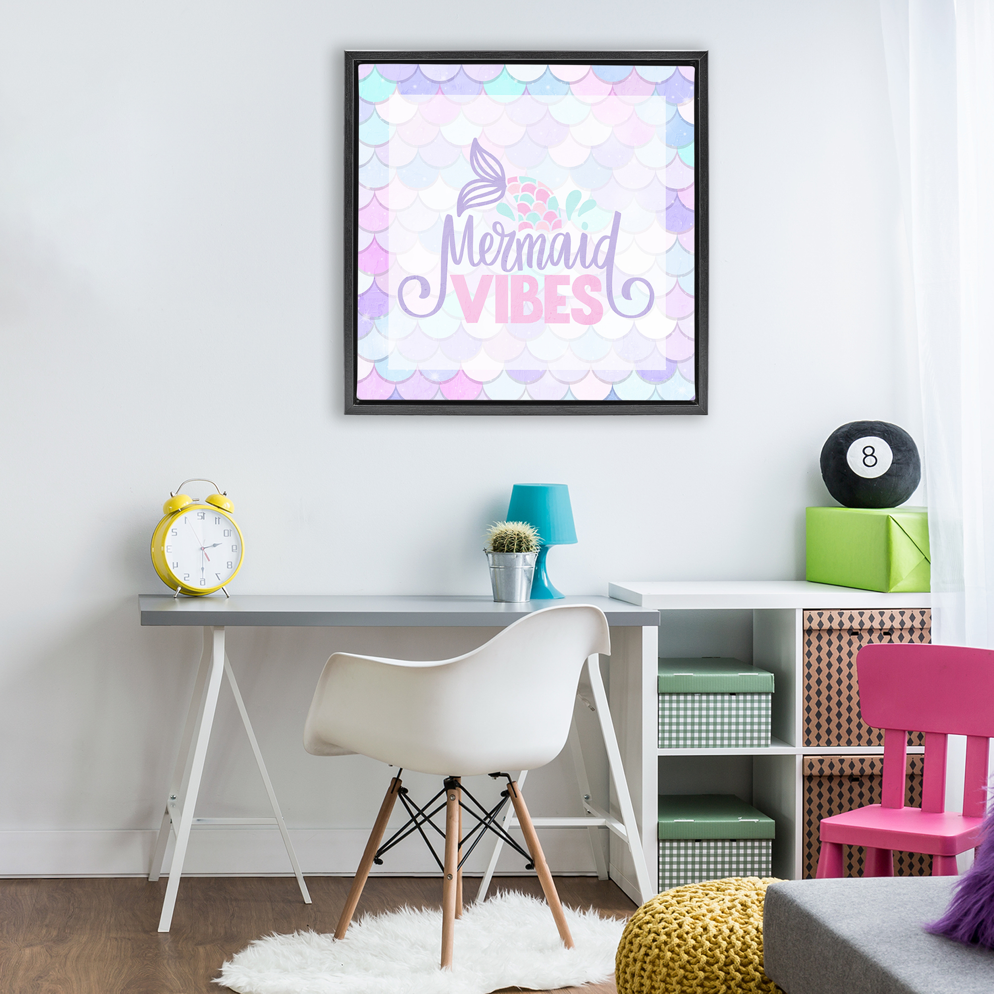 Pastel Mermaid Vibes Black Framed Floater Canvas Wall Art, design by Kim Allen