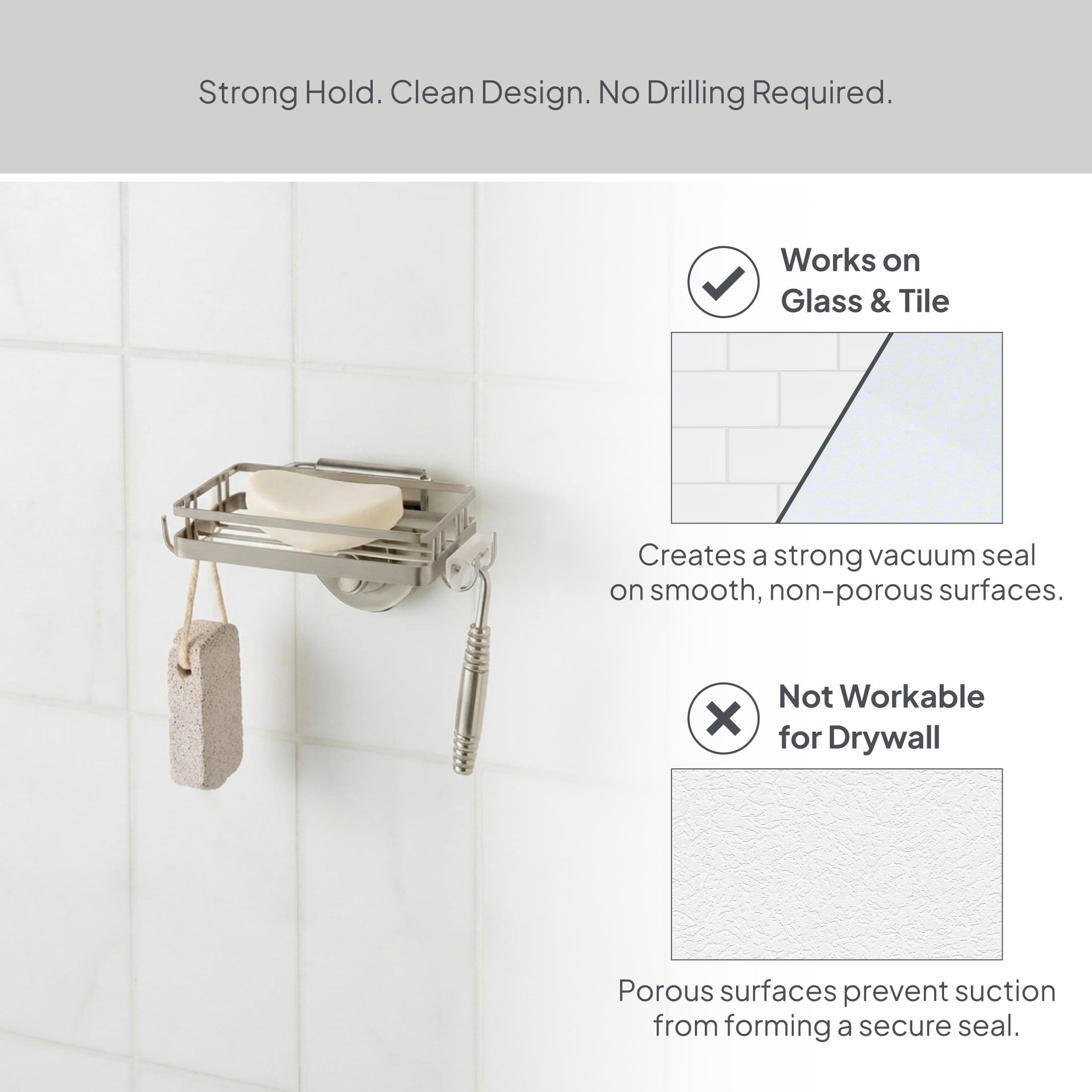 Better Homes & Gardens StyleGrip™ Suction Mount Soap Dish with Hooks, Satin Nickel