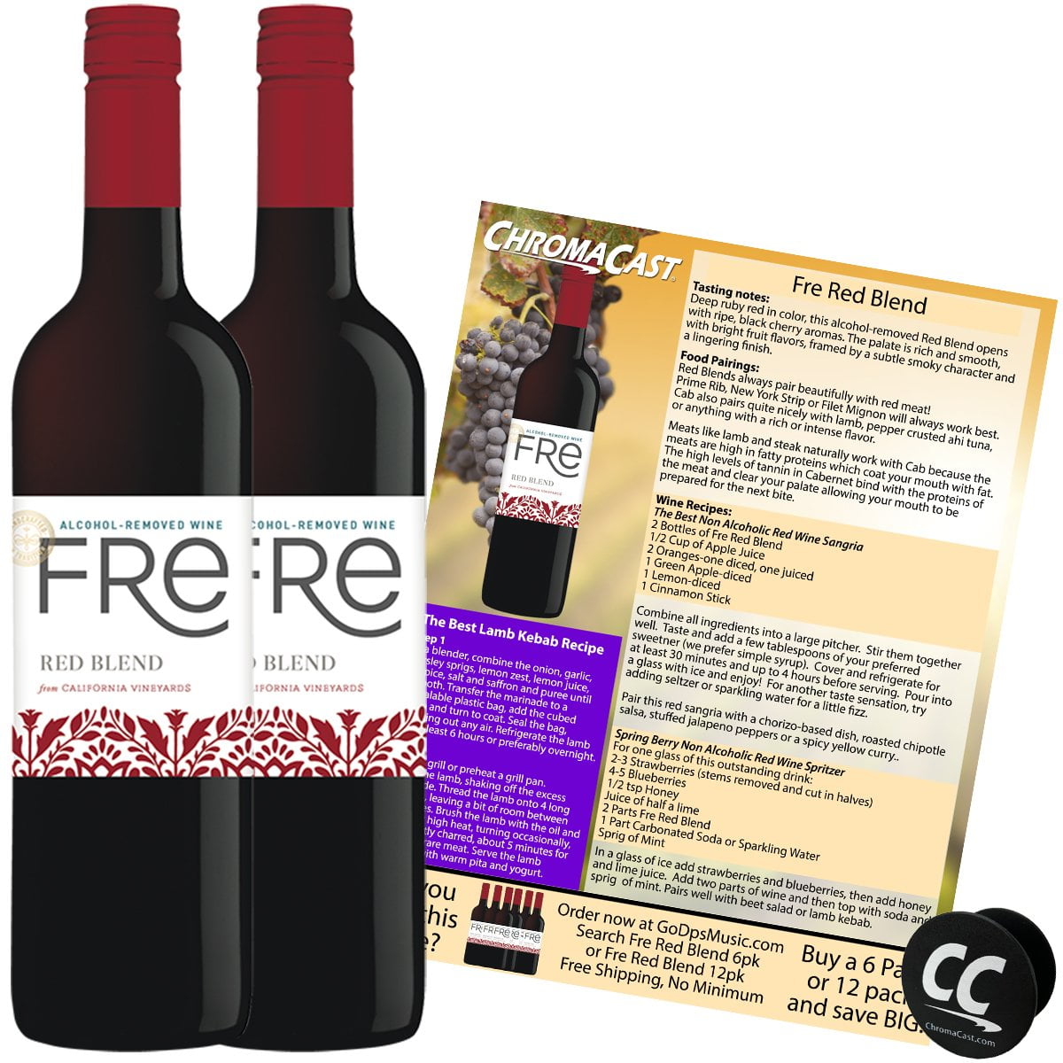 Sutter Home Fre Red Blend Non-Alcoholic Red Wine Experience Bundle with Chromacast Pop Socket, Seasonal Wine Pairings & Recipes, 12/750ML, 2-Pack