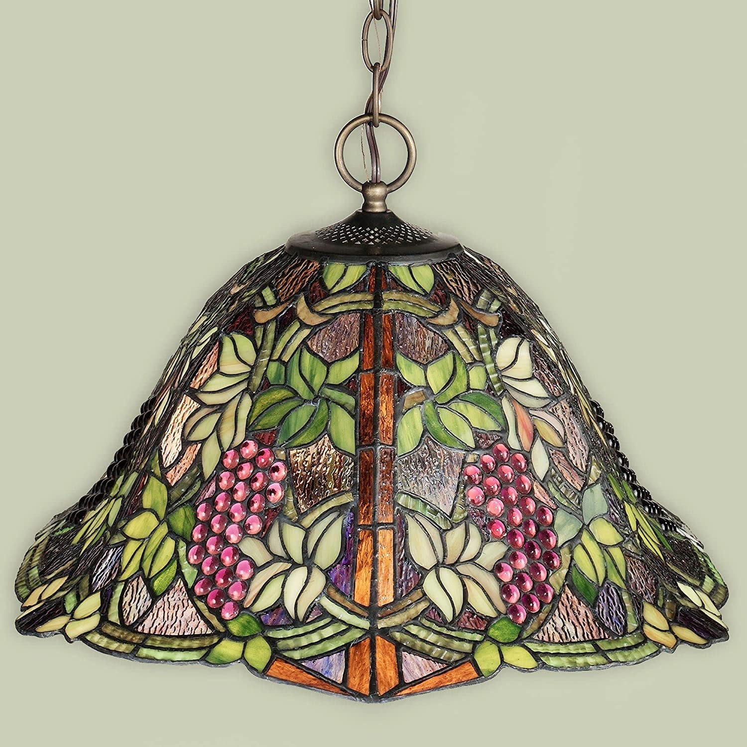 Vintage Grapevine Stained Glass Ceiling Light Olive