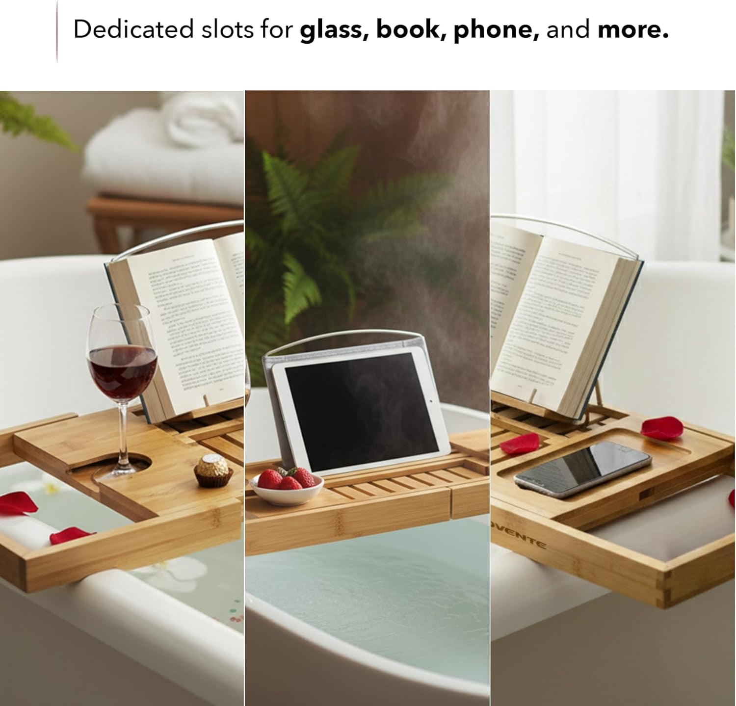 OVENTE Bathtub Tray Caddy, Expandable Bamboo Bath Tray Table, Wooden Tub Board with Books, Tablets, Phone and Wine Glass Holder, Bathroom Accessories and Home Spa Essentials, Wood BTC20228