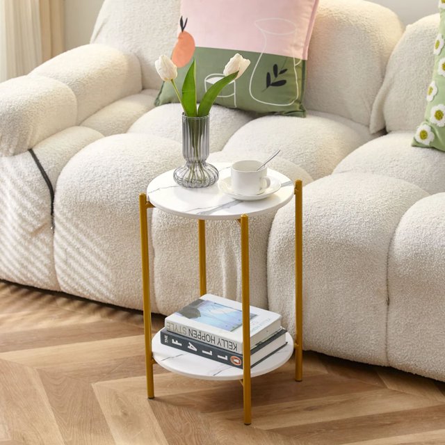 KOSSMAI 2-Layer Round Sintered Stone End Coffee Side Table with Gold Metal Frame for Living Room Bed Room
