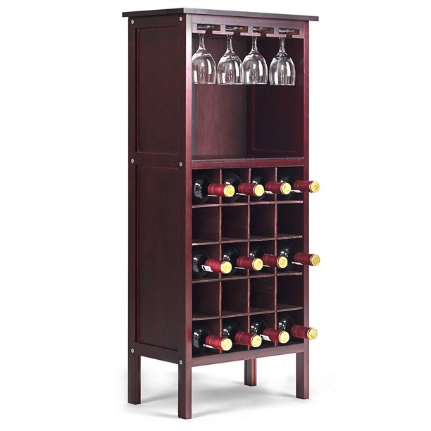 Costway Wood Wine Rack Holder Storage Shelf Display W Glass Hanger 20 Bottle Cabinet Walmart Com Walmart Com