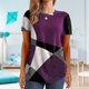 thumbnail image 4 of Camisa casual de mujer con cuello redondo y bloques de color de manga corta estampada para mujer para uso diario Púrpura L, 4 of 6