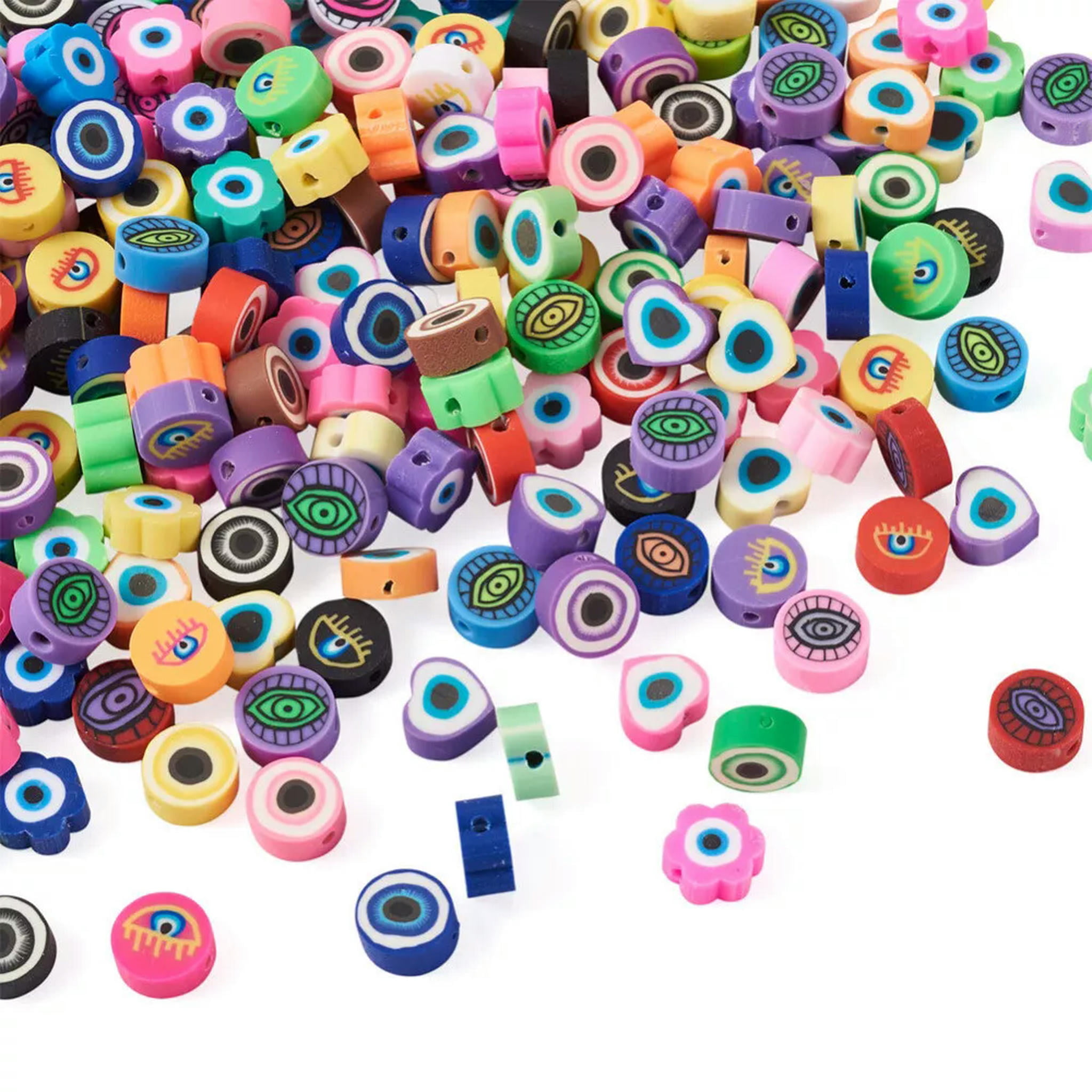 U8MO 250Pcs Flat Round Flower Heart with Evil Eye Handmade Polymer Clay Beads 8~10mm