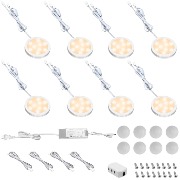 Linkable LED Puck Lights for Under Cabinet Lighting - 8 Pack Triac Dimmable 12V Warm White 2700K Lights, Hardwired with LED Driver, Compatible with Most Dimmer Switches