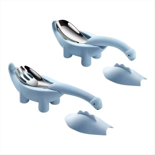 Cuchara Tenedor para Comida Infantil con Forma de Dinosaurio, Juego de Vajilla de Acero Inoxidable con para , Color Azul.