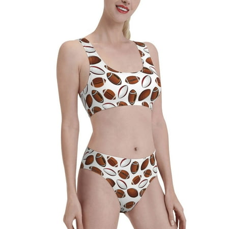 Uemuo Football Printed Women s High Waisted Bikini Sets Sporty Two Piece Swimsuits Color Block Cheeky High Cut Bathing Suits-Medium