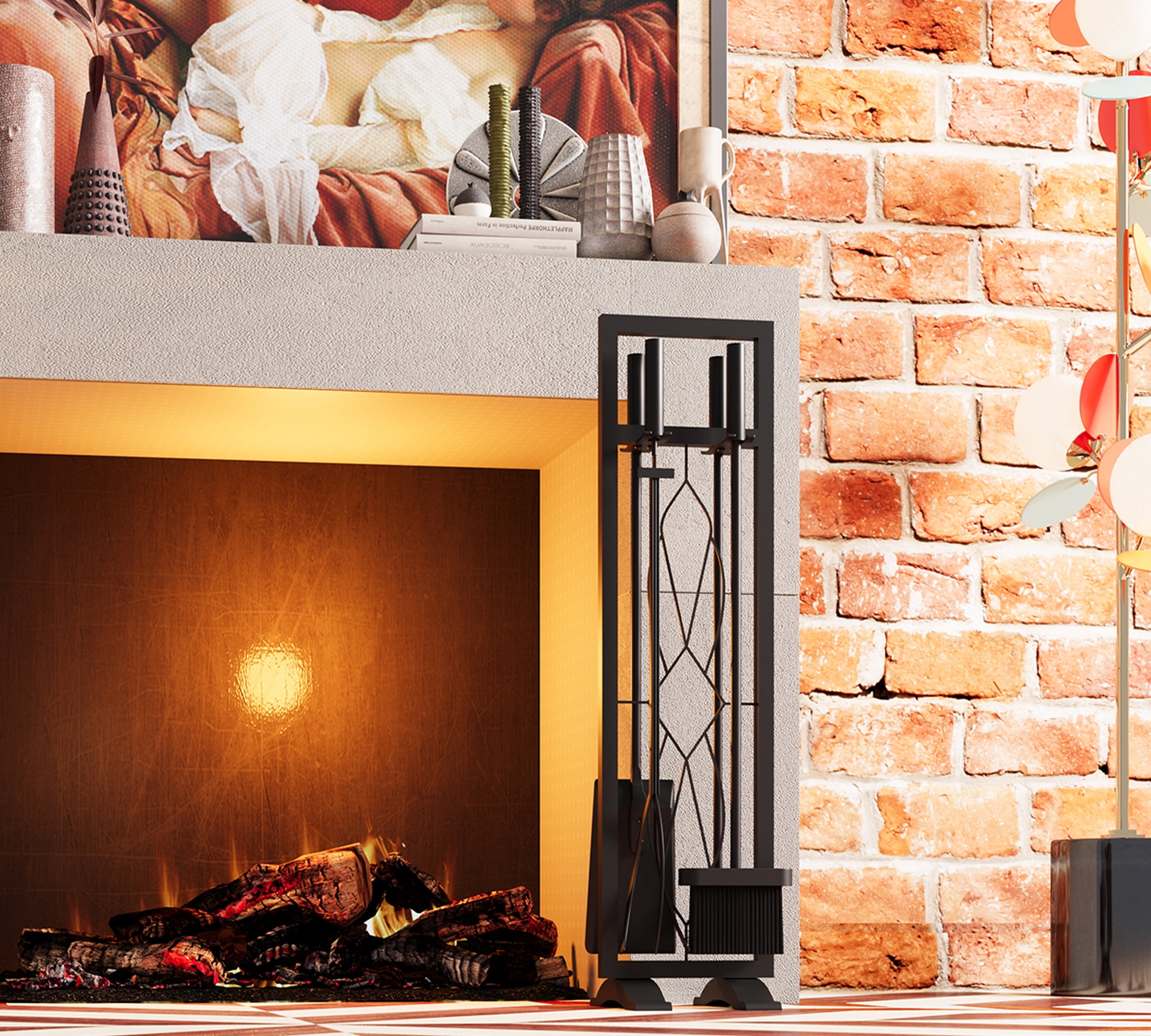 Fire Beauty 5-Piece Black Wrought Iron Fireplace Tools Set, Heavy Duty Fireside Accessories Kit with Stand, Indoor Wood Stove Fire Pit Tool Holder