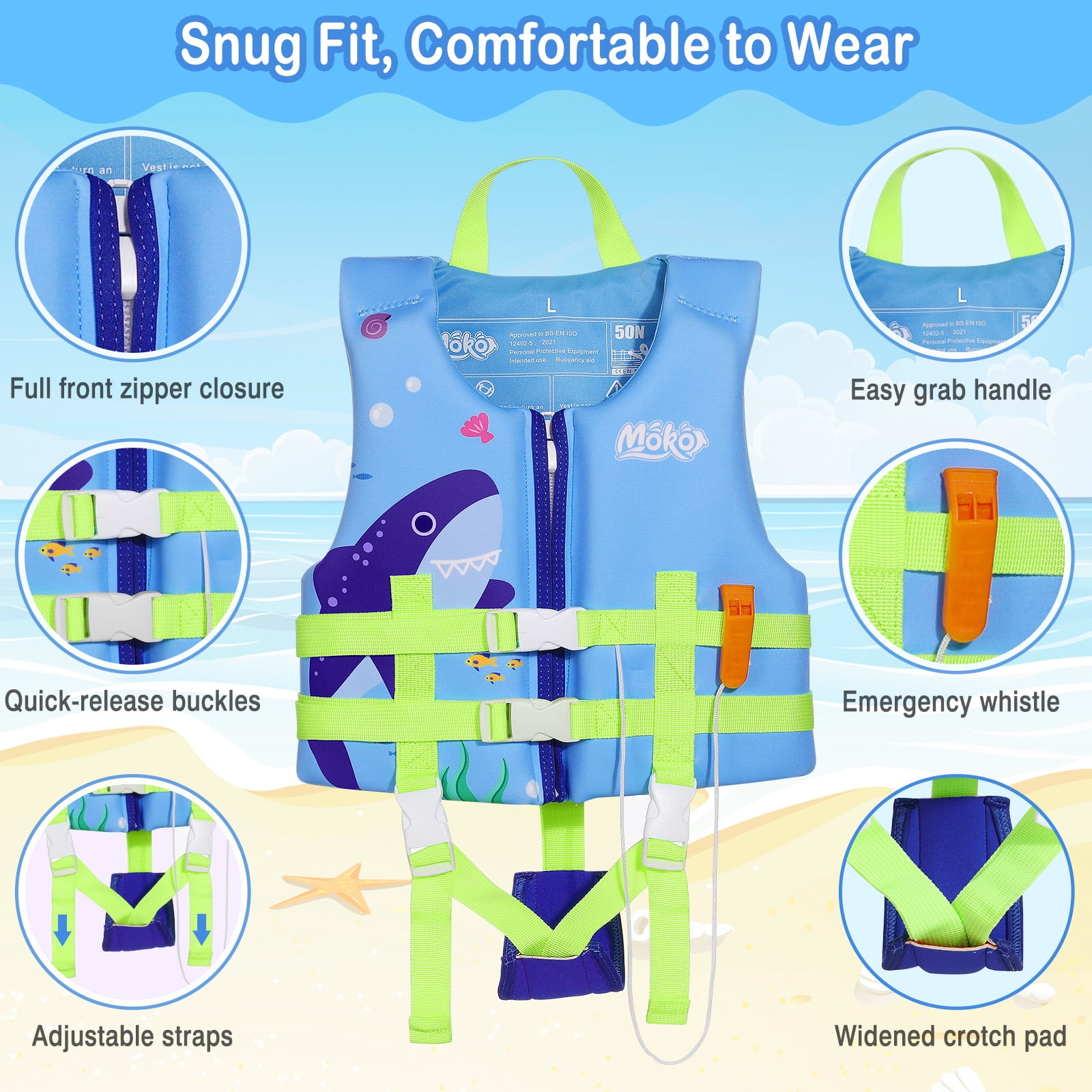 MoKo Kids Swim Vest for Boys Girls, Swimming Training Life Float Jacket Swimsuit for 46-77 lbs, L Size,Blue Shark