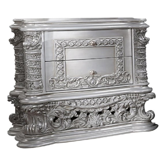 Benjara Vera 36" Wood NightStand-2 Drawers-Ornate Carving-Gray-Light Gold