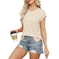 thumbnail image 4 of YHAJDS Womens Tops New Solid Color Hem Slit Short Sleeve Tee Casual Round Neck Shirt, 4 of 5