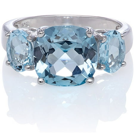 Blue Topaz Cushion-Cut 3-Stone Sterling Silver Ring, Size 7