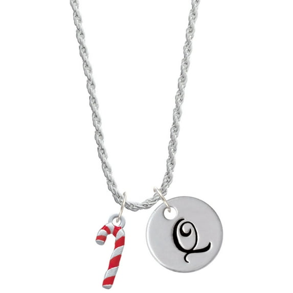 Delight Jewelry Silvertone 3-D Red Enamel Candy Cane Silvertone Script Initial Disc - Q - Charm Necklace, 20"+3"