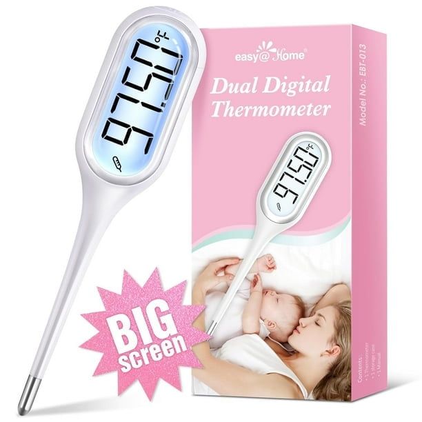 Digital Basal Body Thermometer by Easy@Home, model EBT-013, featuring a large backlit LCD display showing 97.50°F. Designed for ovulation tracking and basal body temperature monitoring, it offers high precision to 1/100th degree and stores up to 30 readings. The thermometer is displayed alongside its pink packaging, which highlights its dual digital functionality and suitability for fertility tracking.