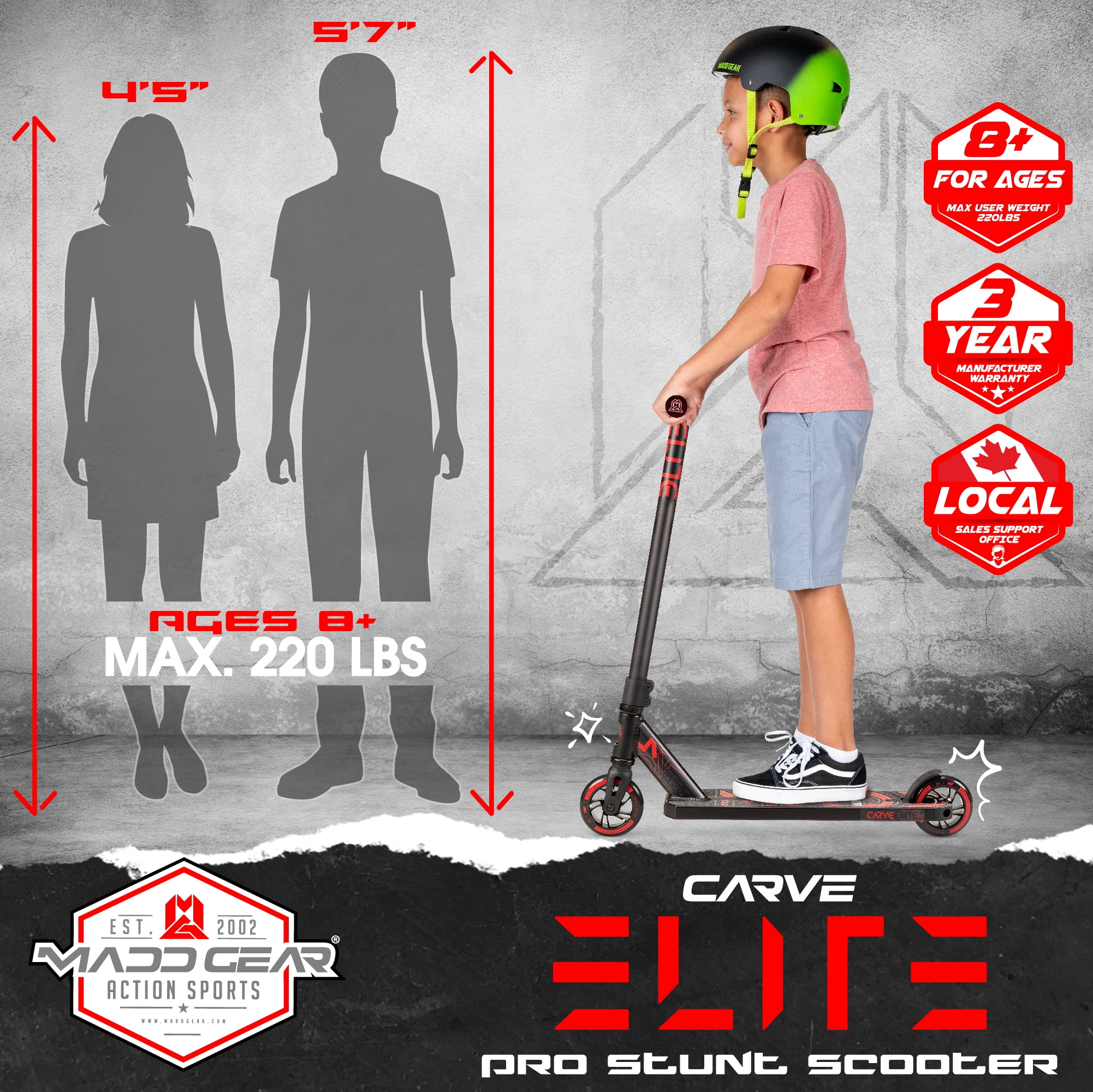 Kids & Teens Pro Stunt Scooter Ages 8–13 – Beginner Freestyle Trick Scooter, 32" Fixed Height, 110 mm Alloy Core Wheels, Black/Red – Madd Gear Carve Elite, For Ages 8 Years and Up