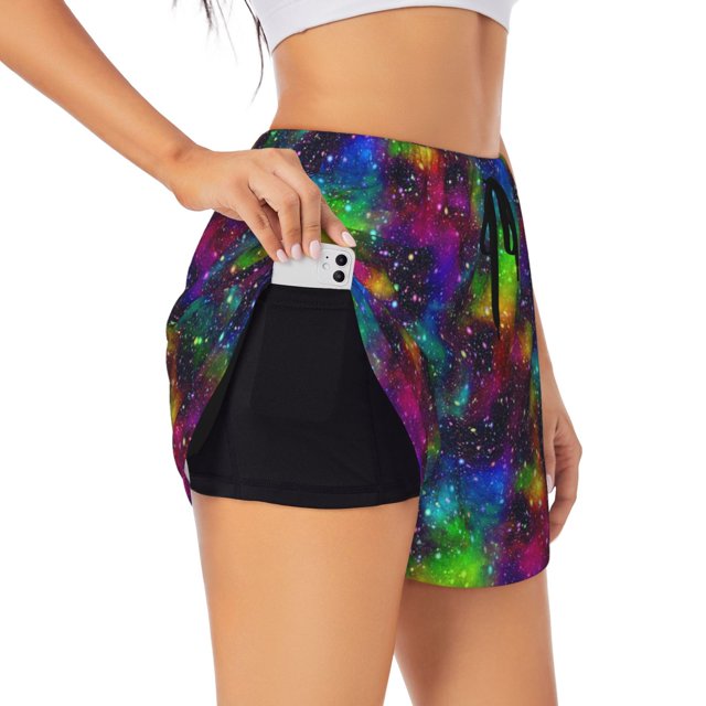 Balery Bright Universe Pantalones cortos deportivos para mujer con forro y dos bolsillos, elásticos, para entrenamiento, gimnasio, yoga-Small
